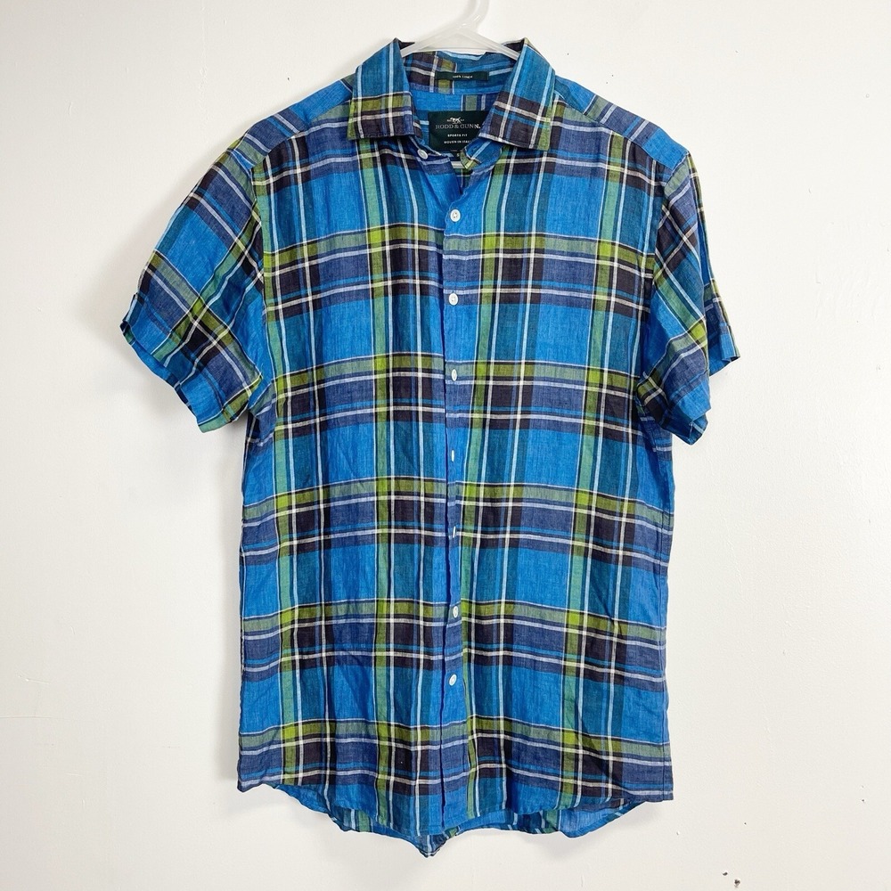 Rodd & Gunn Shirt Mens Small Blue Plaid Short Sleeve Button Up Linen NWOT NEW